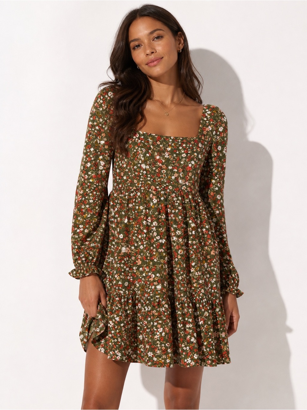 BCBG Paris Olive Floral Babydoll Mini Dress Size Medium